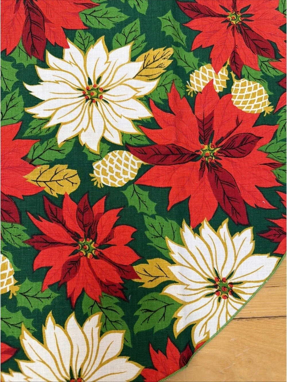 Vintage Christmas 1960s Holiday Tablecloth Poinsettia Pinecones Oval 56x78” MCM
